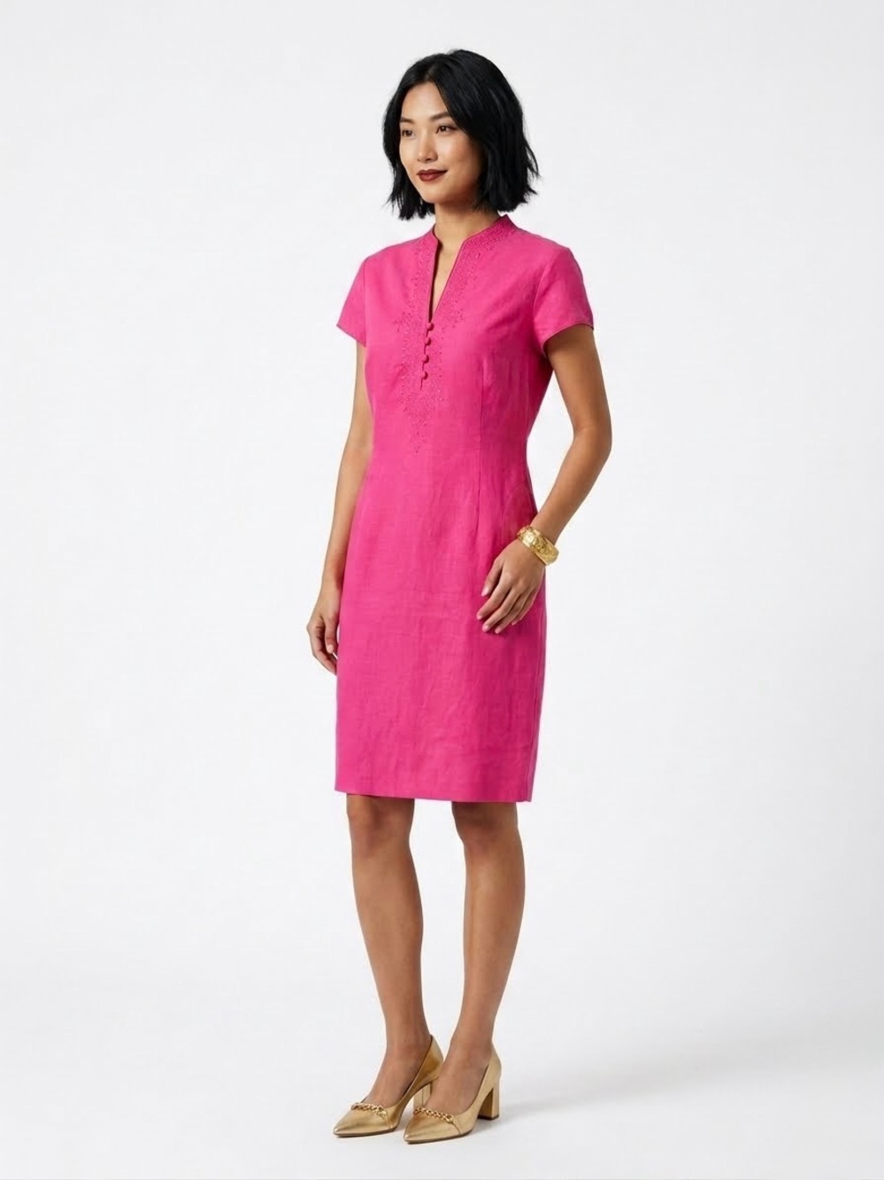 Jones New York Silk Linen Beaded Sheath Dress Fuchsia 10 Resort Wedding Guest